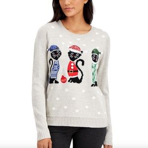 Karen Scott Gray Christmas Sweater Three Cats Santa Cats Sequined Hats Sz M